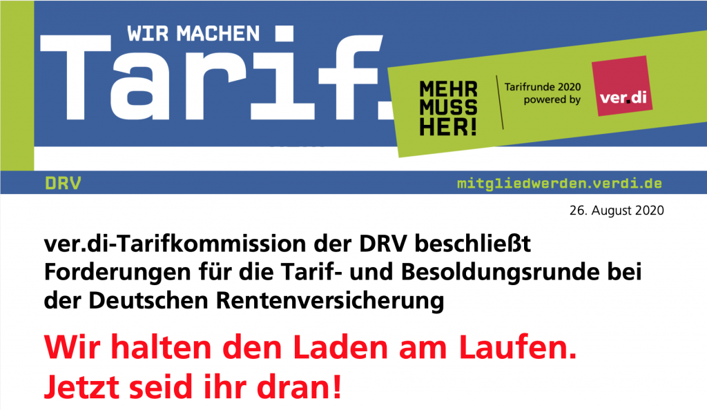 ver.di Tarifinfo DRV: ver.di-Tarifkommission der Deutschen Rentenversicherung beschließt Forderungen für die Tarif- und Besoldungsrunde bei der Deutschen Rentenversicherung (26.08.2020) - Vorschau