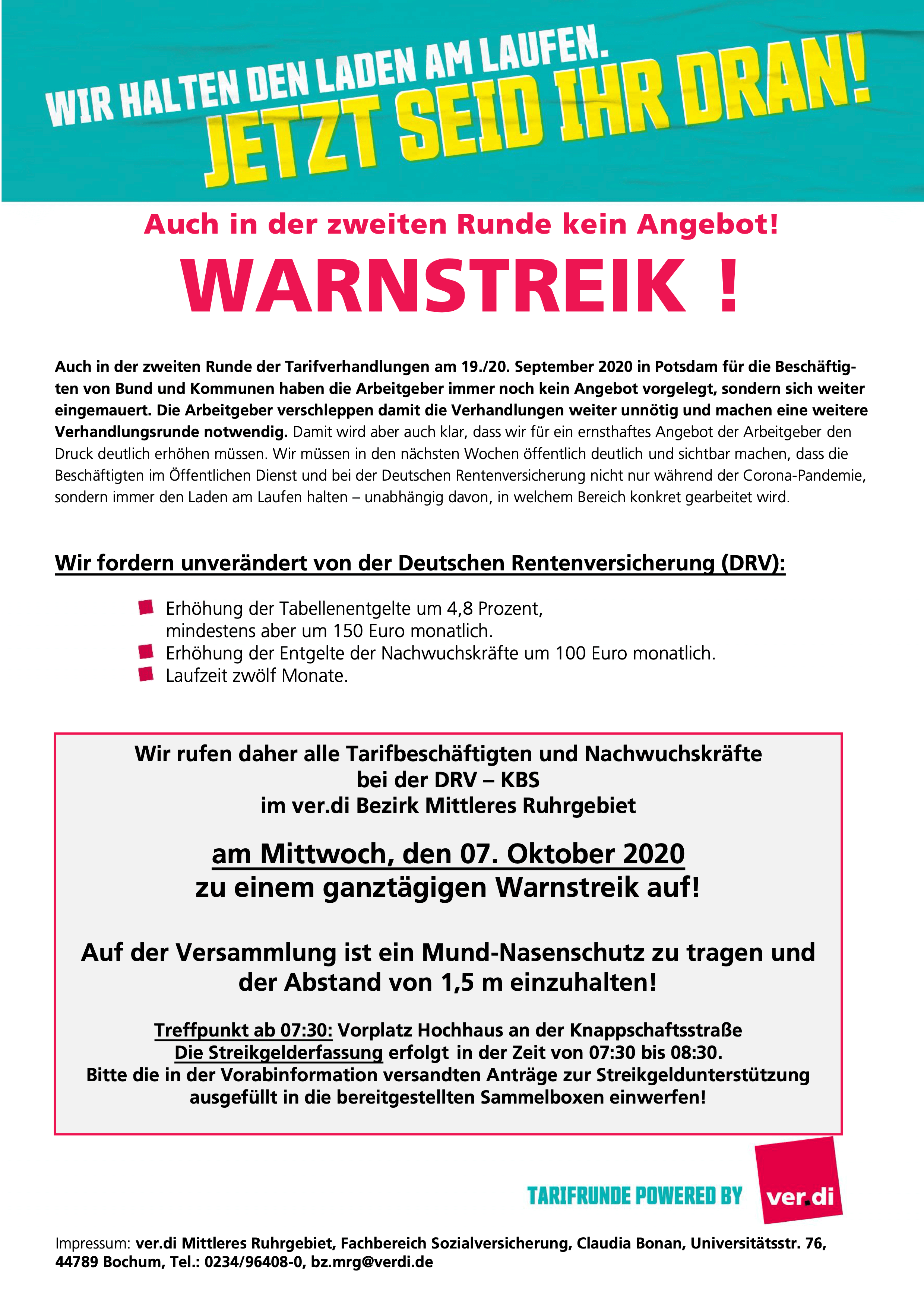 Aufruf von ver.di: Warnstreik bei der Deutschen Rentenversicherung Knappschaft-Bahn-See am 07.10.2020