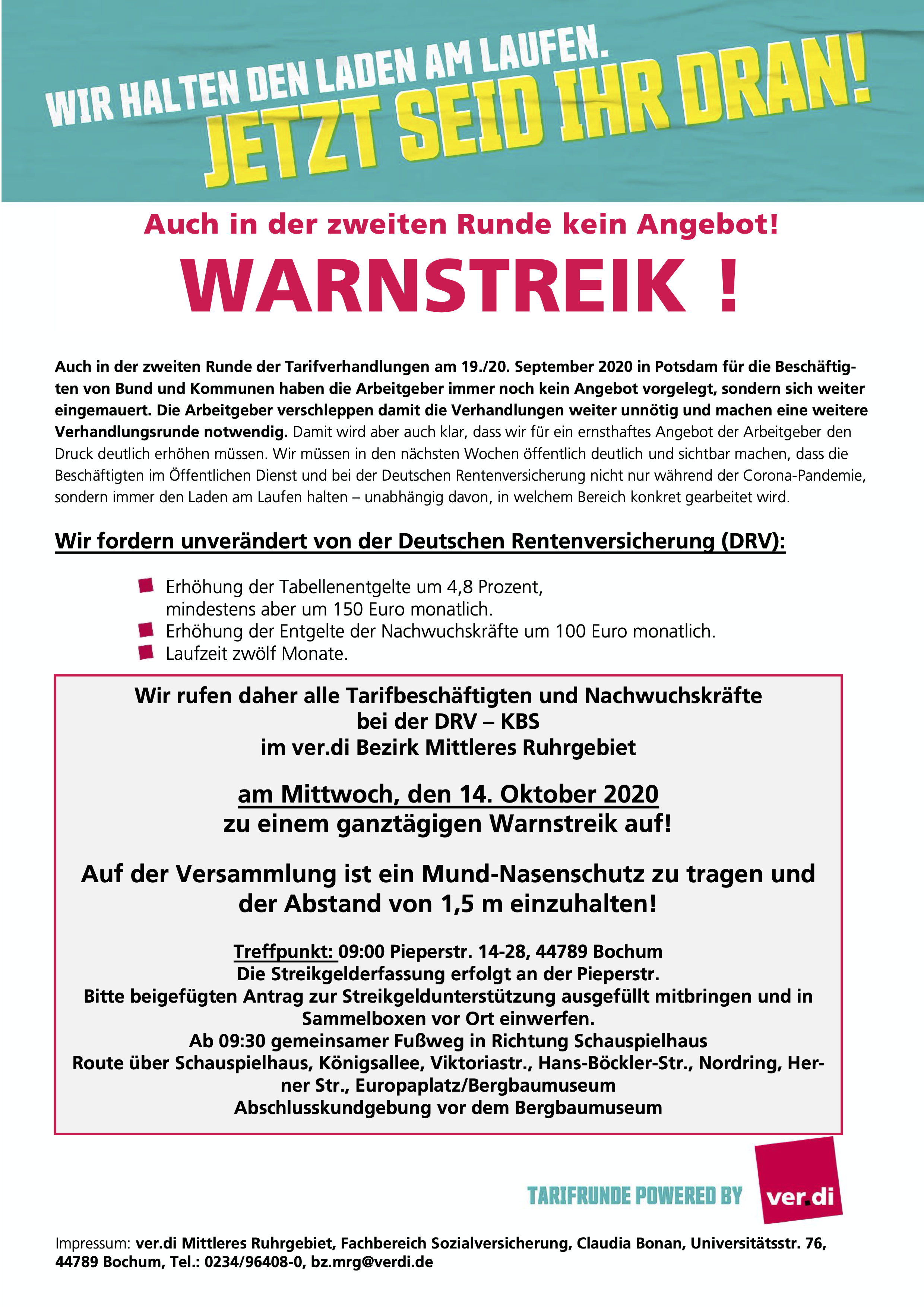 Aufruf von ver.di: Warnstreik bei der Deutschen Rentenversicherung Knappschaft-Bahn-See am 14.10.2020