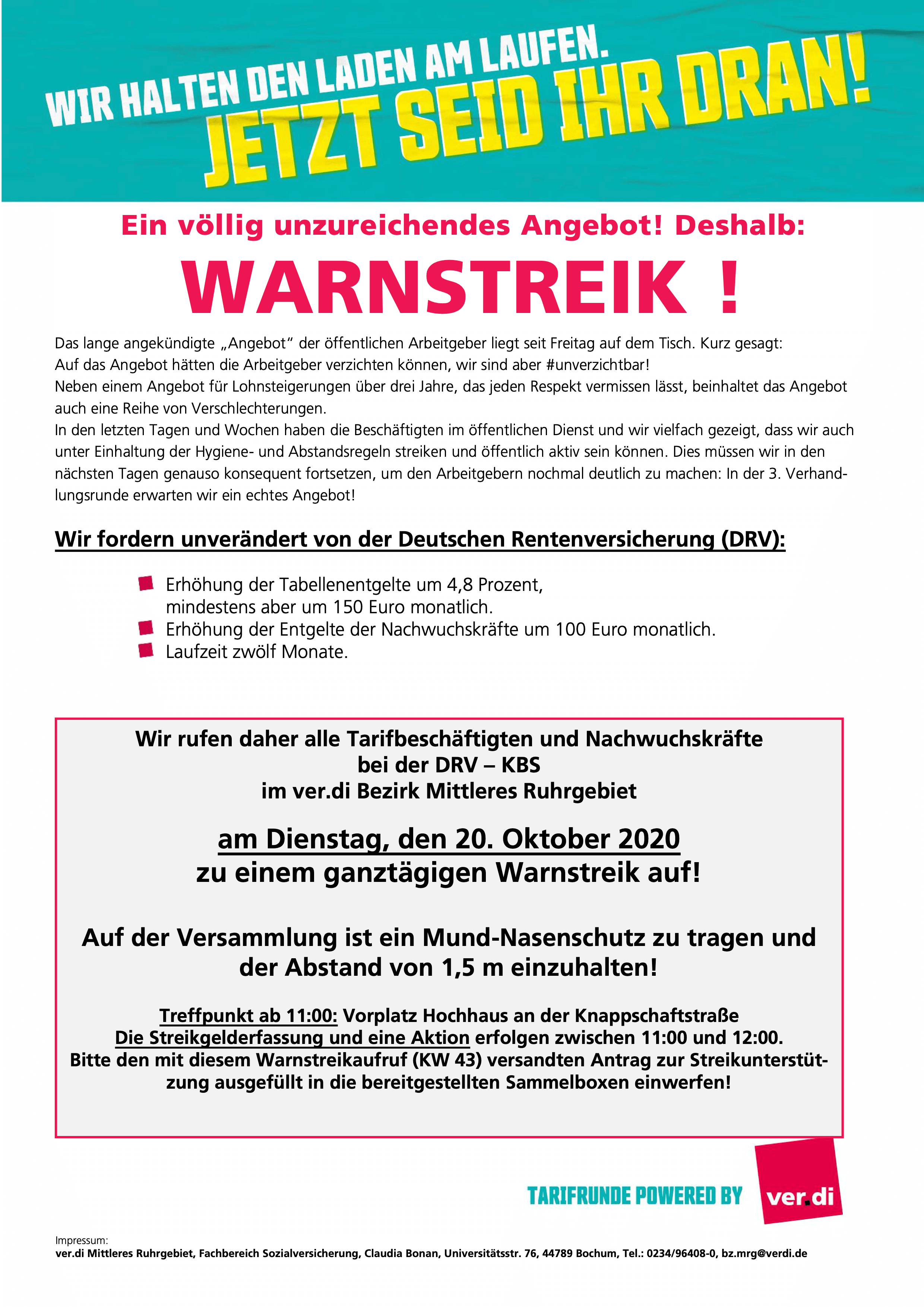 Aufruf von ver.di: Warnstreik bei der Deutschen Rentenversicherung Knappschaft-Bahn-See am 20.10.2020