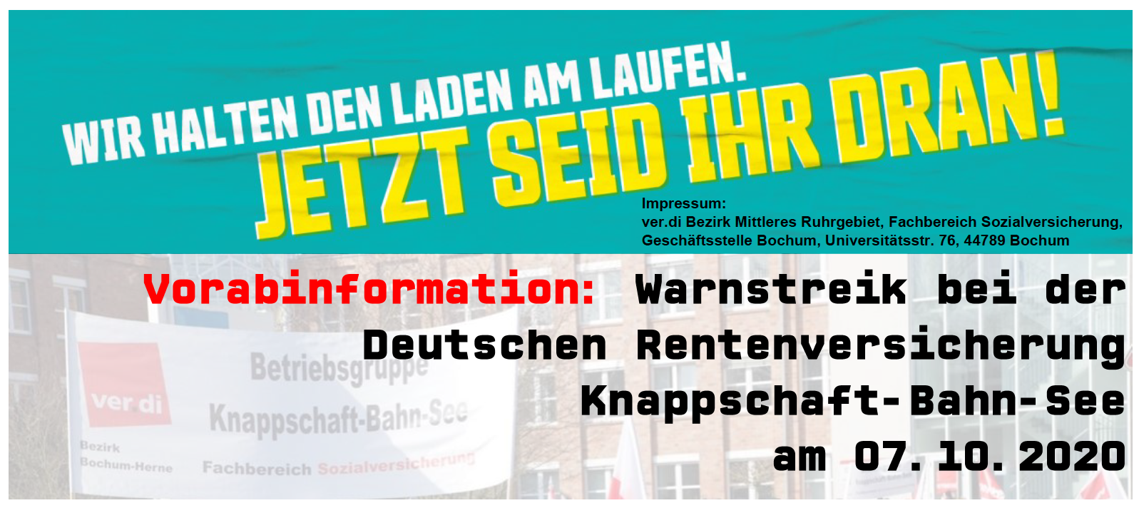 Vorabinformation: Warnstreik bei der Deutschen Rentenversicherung Knappschaft-Bahn-See am 07.10.2020