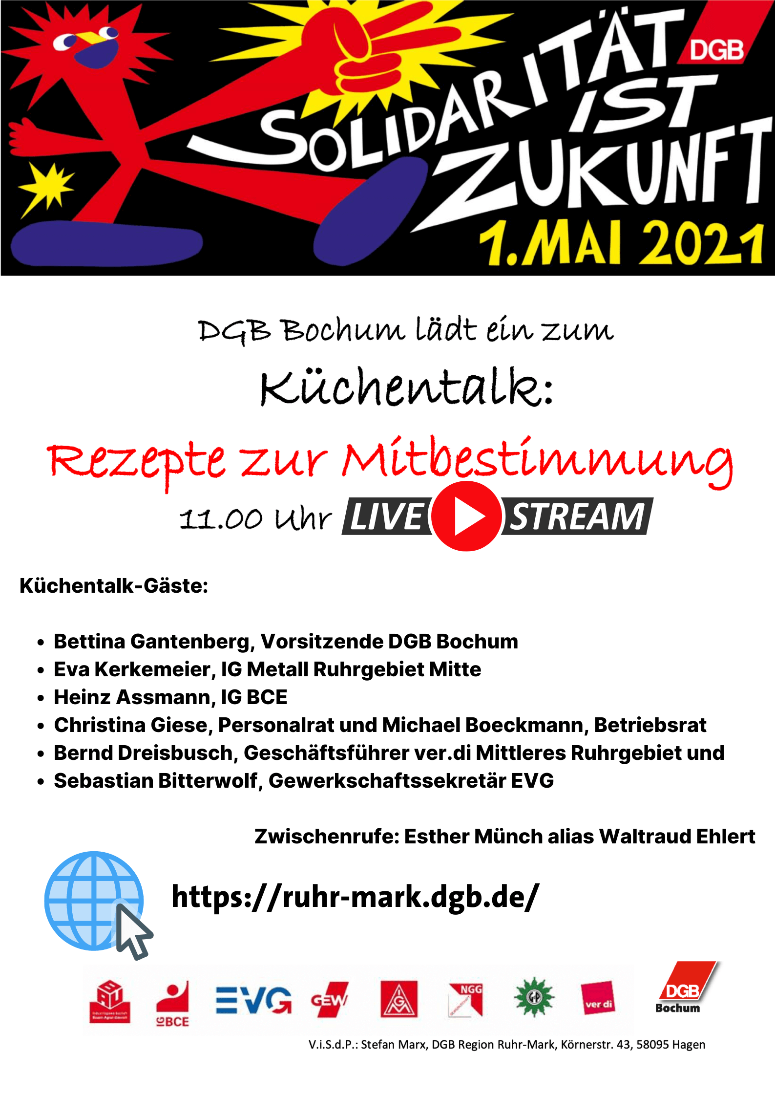 1. Mai 2021 - #SolidaritätIstZukunft - DGB in Bochum lädt ein zum Küchentalk: Rezepte zur Mitbestimmung