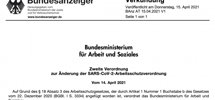 Zweite Verordnung zur Änderung der SARS-CoV-2-Arbeitsschutzverordnung