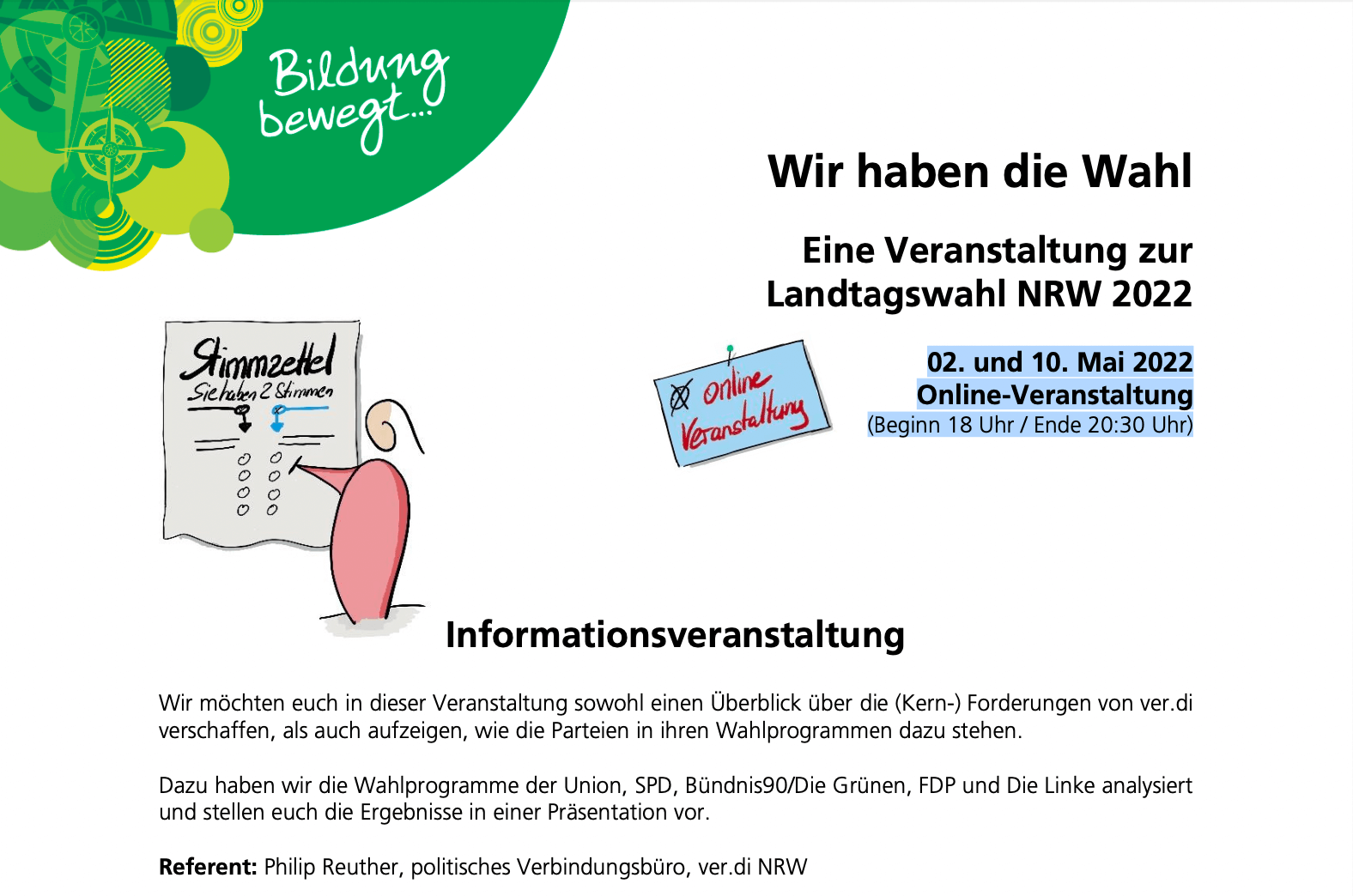 ver.di NRW: Wir haben die Wahl - eine Veranstaltung zur Landtagswahl NRW 2022