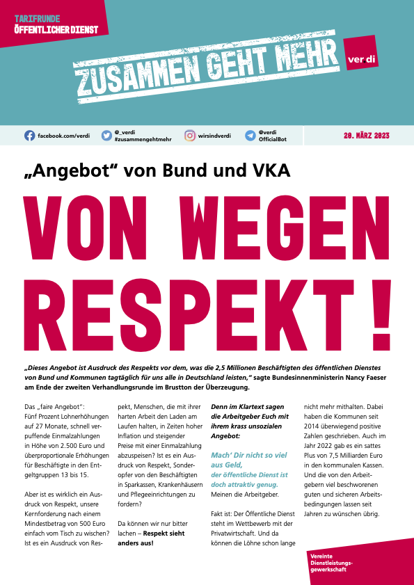 ver.di-Tarifinfo (20.03.2023): 'Angebot' von Bund und VKA - Von wegen Respekt!