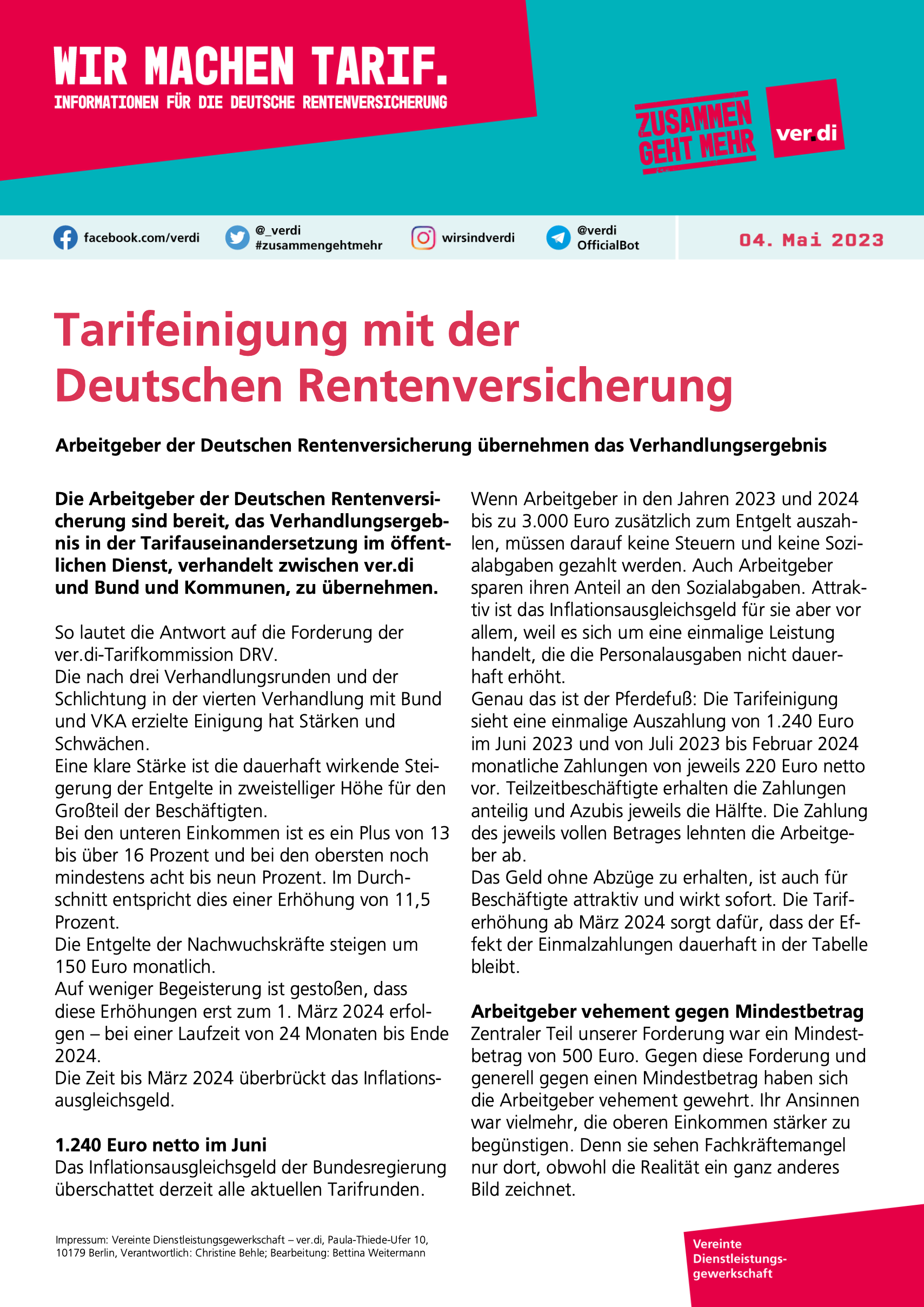 ver.di-Tarifinfo (04.05.2023): Tarifeinigung mit der Deutschen Rentenversicherung