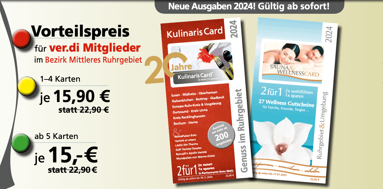 Kulinaris-Card 2024: Mitgliedervorteil ver.di Mittleres Ruhrgebiet